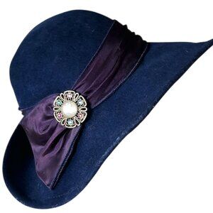 1960-70s WPL5923 100% Wool Dark Blue-Purple Ribbon Rhinestone Brooch Hat
